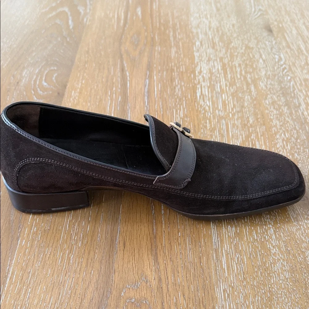 Ferragamo Men's Brown Suede Slip-On Loafers with Gold Buckle